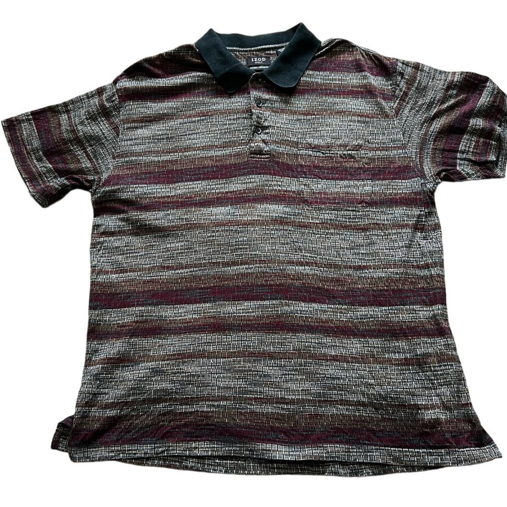 Izod Golf Neutral Black and Gray Striped Casual Cotton Short SleevePolo, Size L